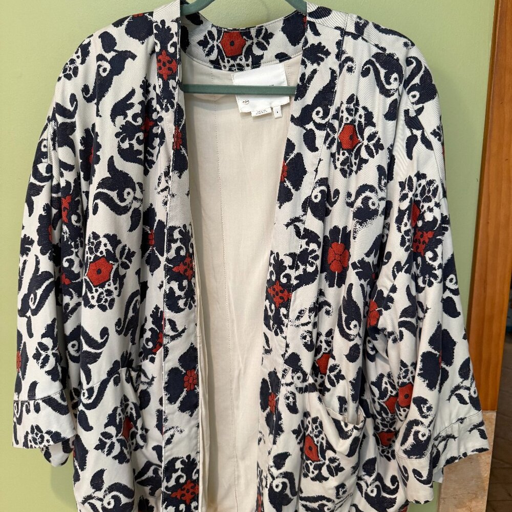 Anthropologie Floral Open-Front Blazer/Cardigan – White w/ Red & Blue Accents |